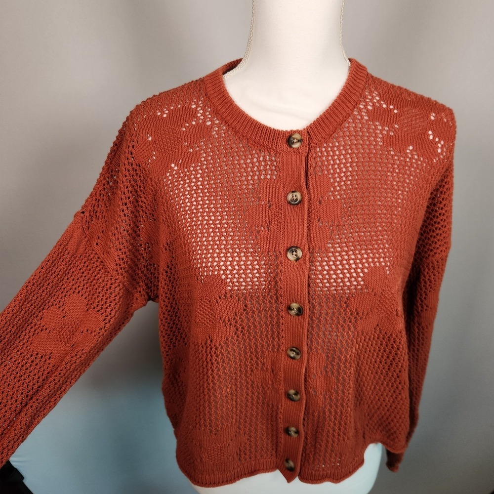 Madewell Open Knit Rust Cardigan Floral Buttons Size Medium Cotton